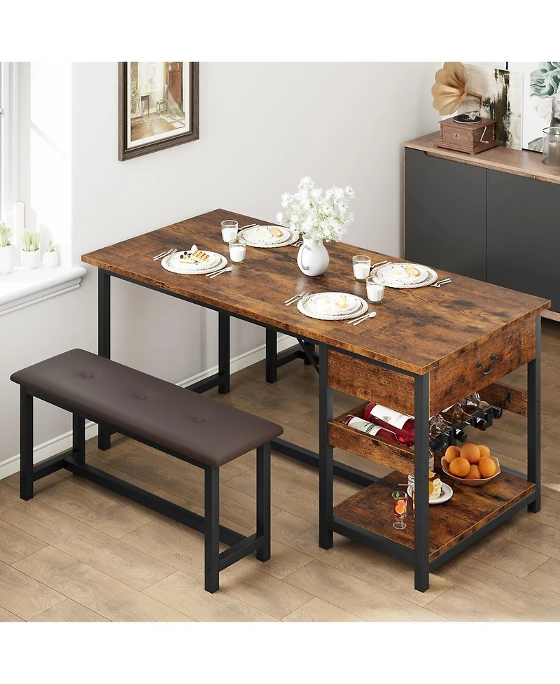 gaomon Dining Table Set with 2 Benches for 4 Kitchen Table Set with Storage Drawers & Wine Rack for Breakfast Nook and Small Space Dining Room Table S