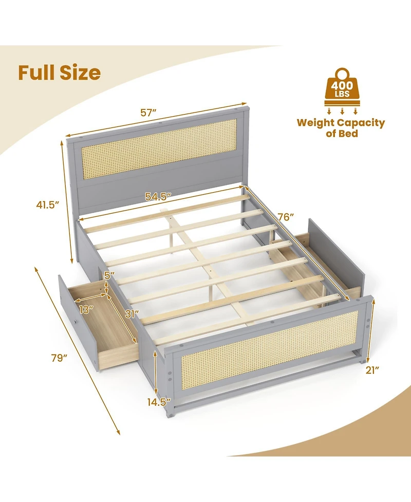 Sugift Full Size Rattan Bed Frame with Storage Drawers