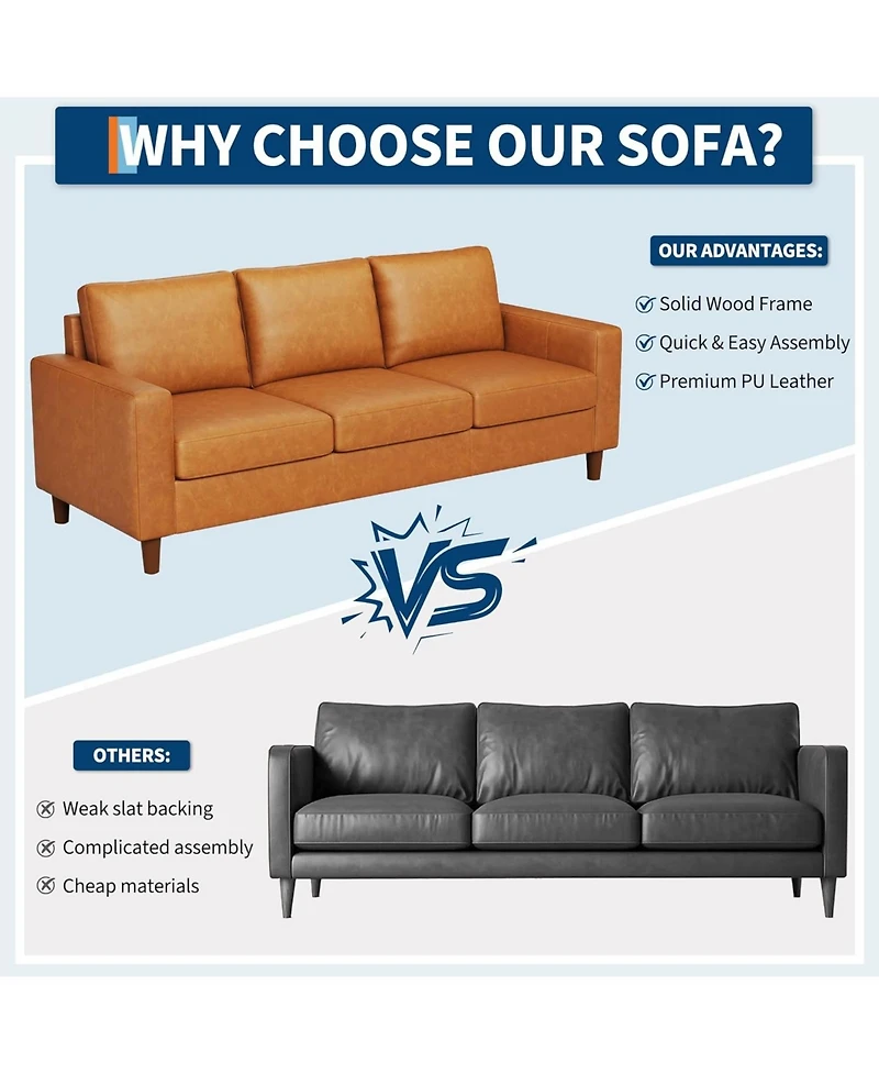 gaomon 83" Leather Sofa, Mid-Century Modern 3-Seater Couch with Cushions and Armrests