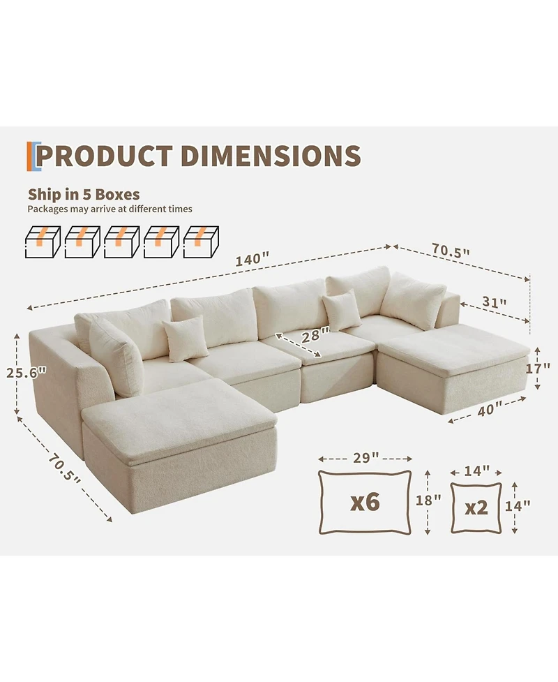 gaomon 140" Cloud Sectional Sofa, U-Shaped Boneless Couch with Ottoman, 4-Seat Modular Sofa