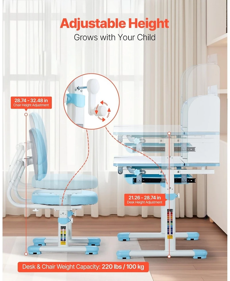 Gouun Kids Adjustable Desk and Chair Set with Bookshelf Drawer and Tilted Desktop