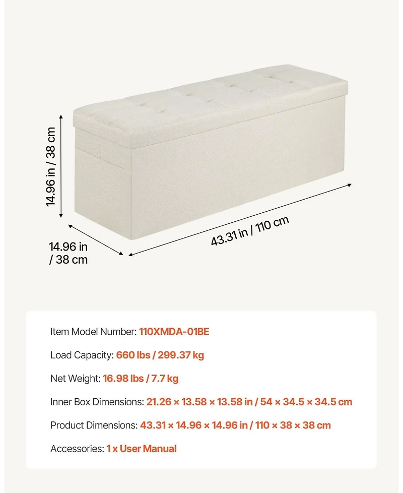 Gouun Foldable Linen Storage Ottoman Bench with Side Pockets and Hidden Storage
