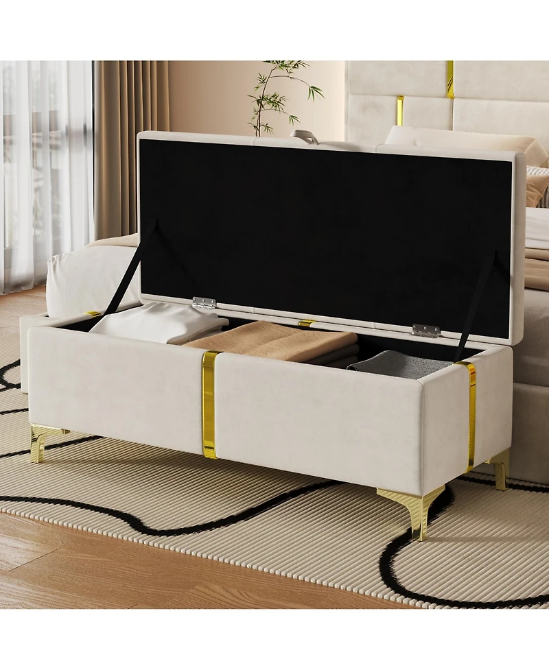 Rainsken Upholstered Storage Ottoman, Modern Storage Bench with Metal Legs and Golden Striping for Living Room, Bedroom