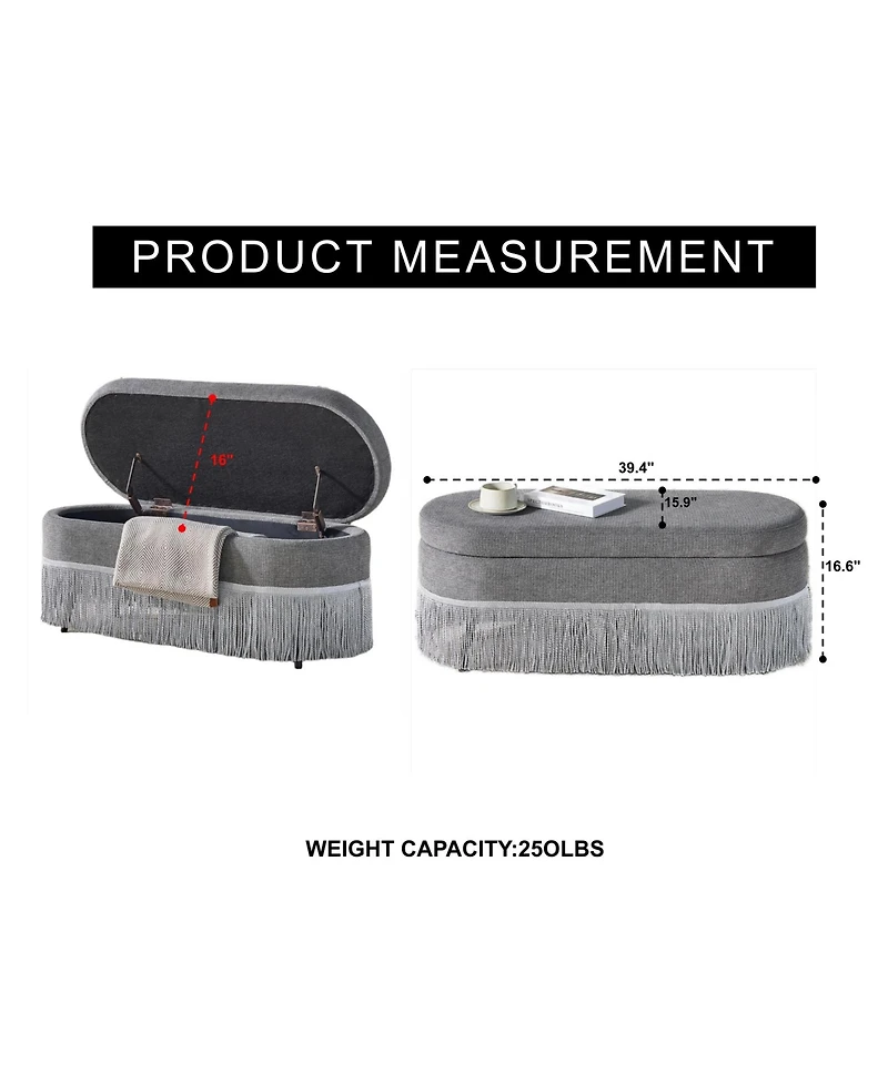 Rainsken Oval Storage Ottoman, Upholstered Footrest with Fringe Trim, Hidden Storage and Metal Frame for Living Room, Bedroom