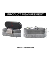 Rainsken Oval Storage Ottoman, Upholstered Footrest with Fringe Trim, Hidden Storage and Metal Frame for Living Room, Bedroom