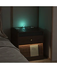 Rainsken Smart Nightstand with Charging Station and Led Light, Modern Bedside Table with Storage Drawers for Bedroom