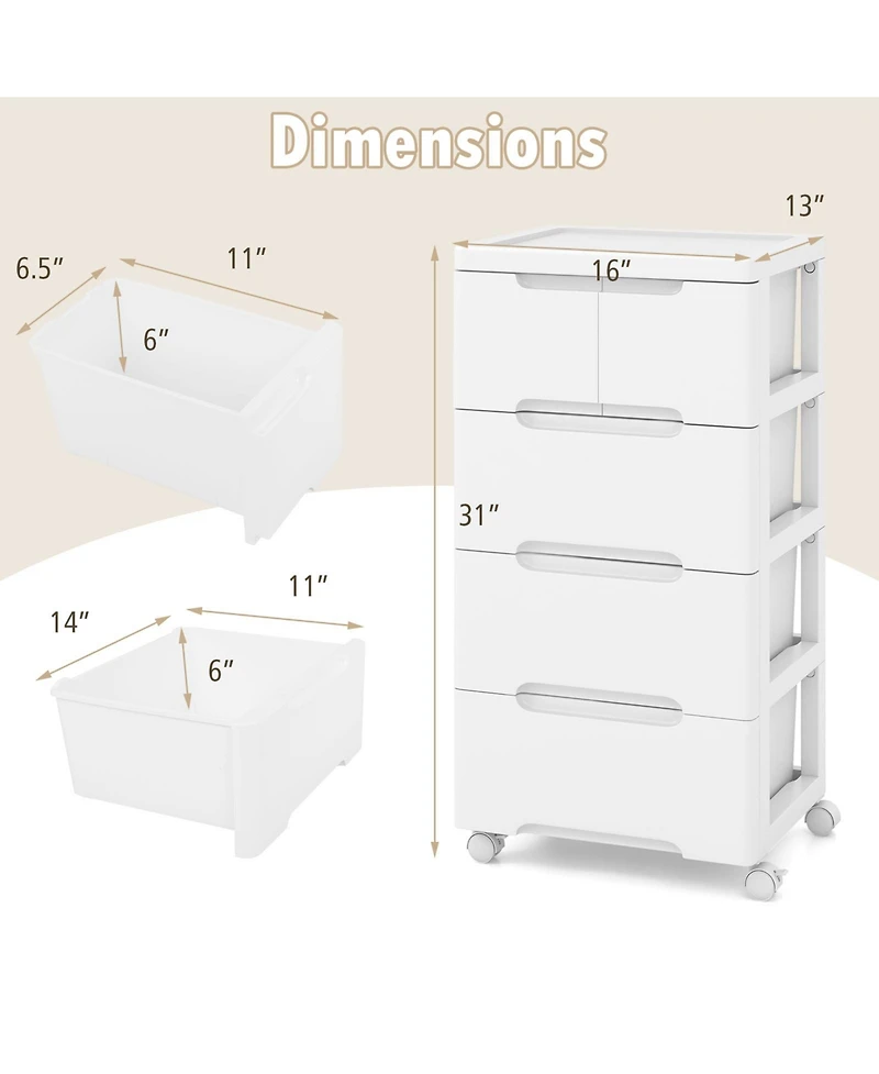 Sugift Rolling Storage Cabinet with Universal Wheels and 5 Drawers