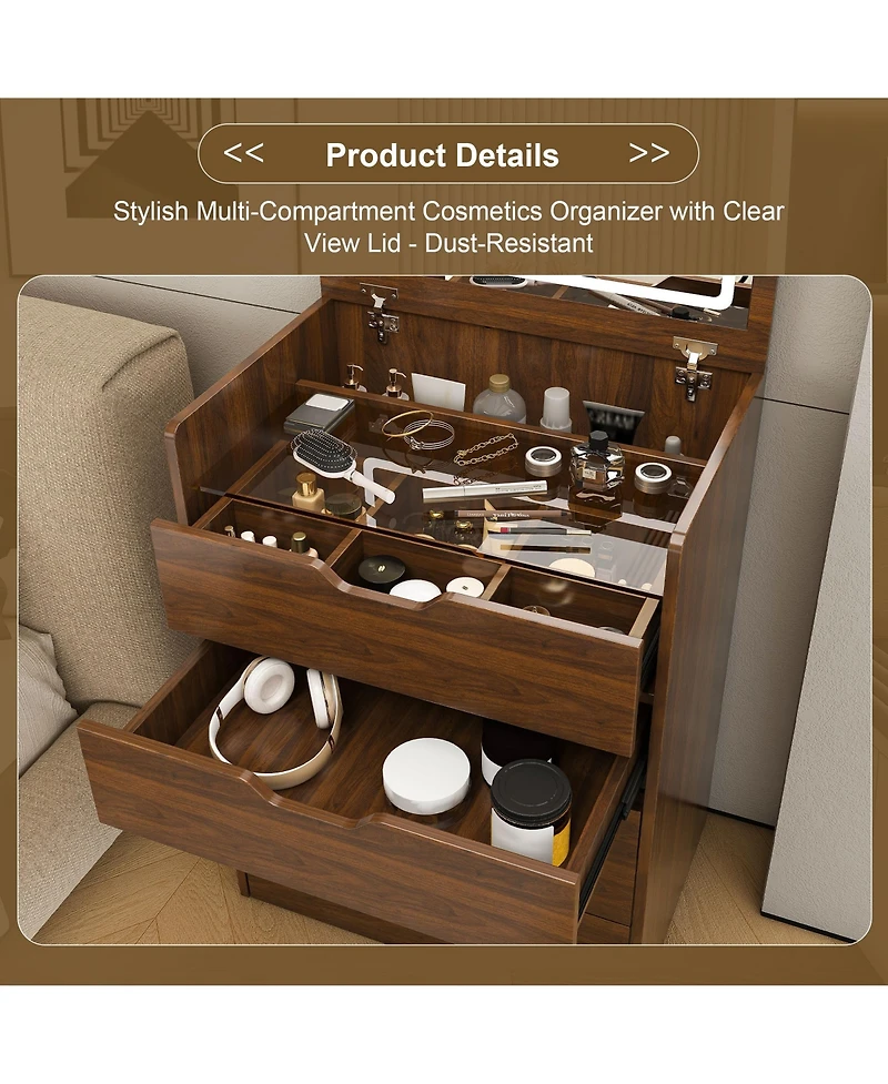 Rainsken 3-in-1 Vanity Desk with Lighted Mirror & Cushioned Tool, Flip Top Makeup Dressing Table for Cloakroom, Bedroom (23.62"L, Walnut)