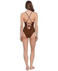 Steve Madden Women's Ruched Lace Back One-Piece Swimsuit