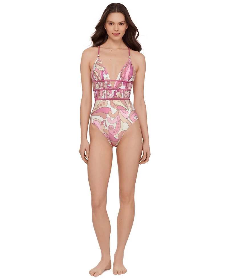 Steve Madden Women's Ruched Lace Back One-Piece Swimsuit