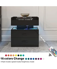 Rainsken Nightstand with Adjustable Led Strip Light, Wood Bedside Table with 2 Drawers and Open Compartment, End Table for Bedroom
