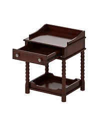 Rainsken Retro Style Nightstand with Drawer and Open Shelf, Wooden Bedside Table with Turned Legs and Metal Handle for Bedroom