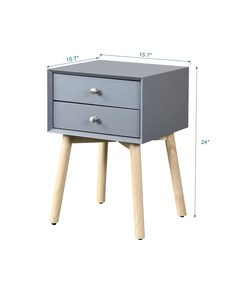 Rainsken 1 Pc Rubber Wood & Mdf Mid Century Modern Nightstand with 2 Drawers Storage Bedside Table