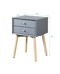 Rainsken 1 Pc Rubber Wood & Mdf Mid Century Modern Nightstand with 2 Drawers Storage Bedside Table