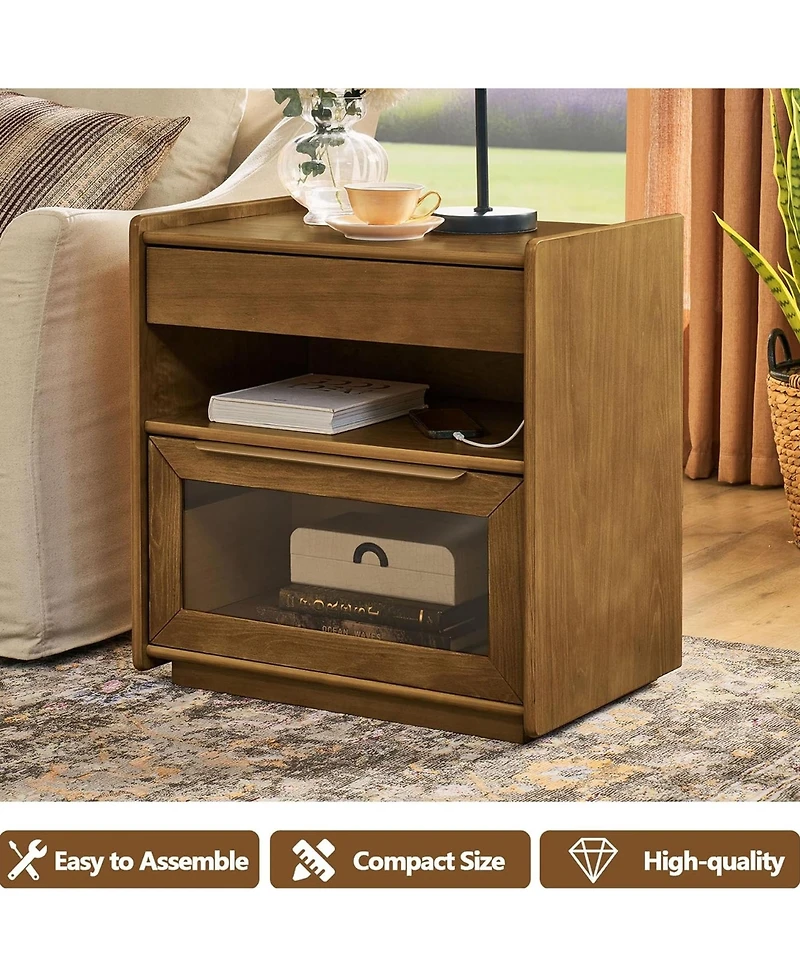 Rainsken Nightstand with Charging Station and Outlet Hole, Mid Century Modern Bedside Table with Open Shelf, End Table for Living Room