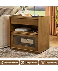 Rainsken Nightstand with Charging Station and Outlet Hole, Mid Century Modern Bedside Table with Open Shelf, End Table for Living Room