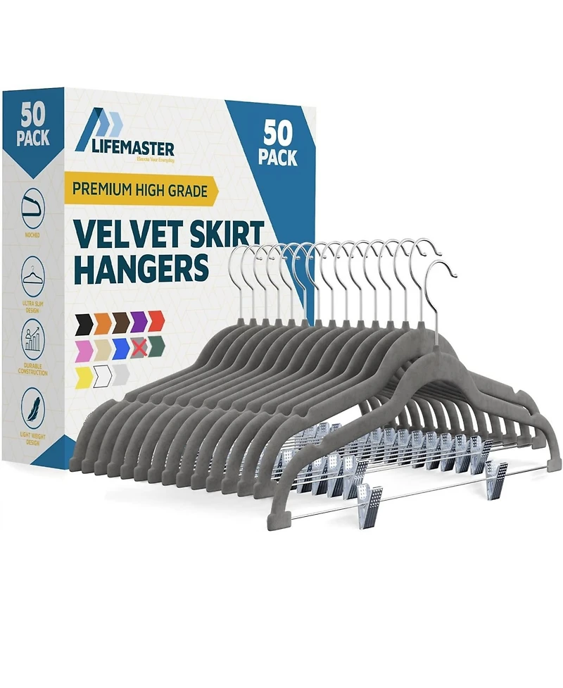 Lifemaster Velvet Skirt Hangers, Adjustable Clips, 360° Swivel Hook, Non-Slip Shoulder Notch, Holds 10 lbs