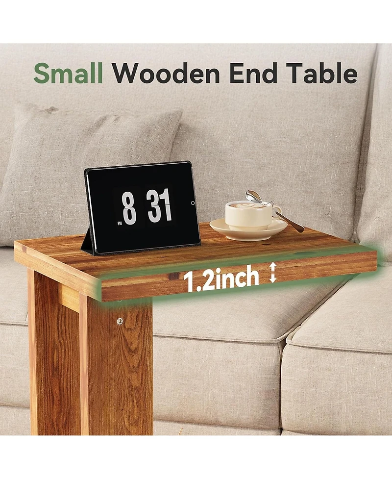 Rainsken Solid Wood C-Shaped Nightstand, Minimalist Bedside Table, 2-Tier End Table for Living Room, Bedroom