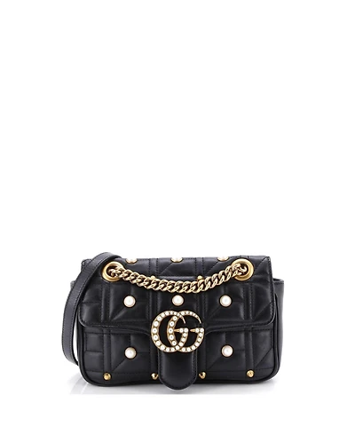 Pre-Owned Gucci Mini Pearly Gg Marmont Flap Bag Embellished Matelasse Leather