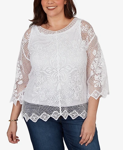 Ruby Rd. Plus Scalloped Medallion Crochet Lined Lace Top