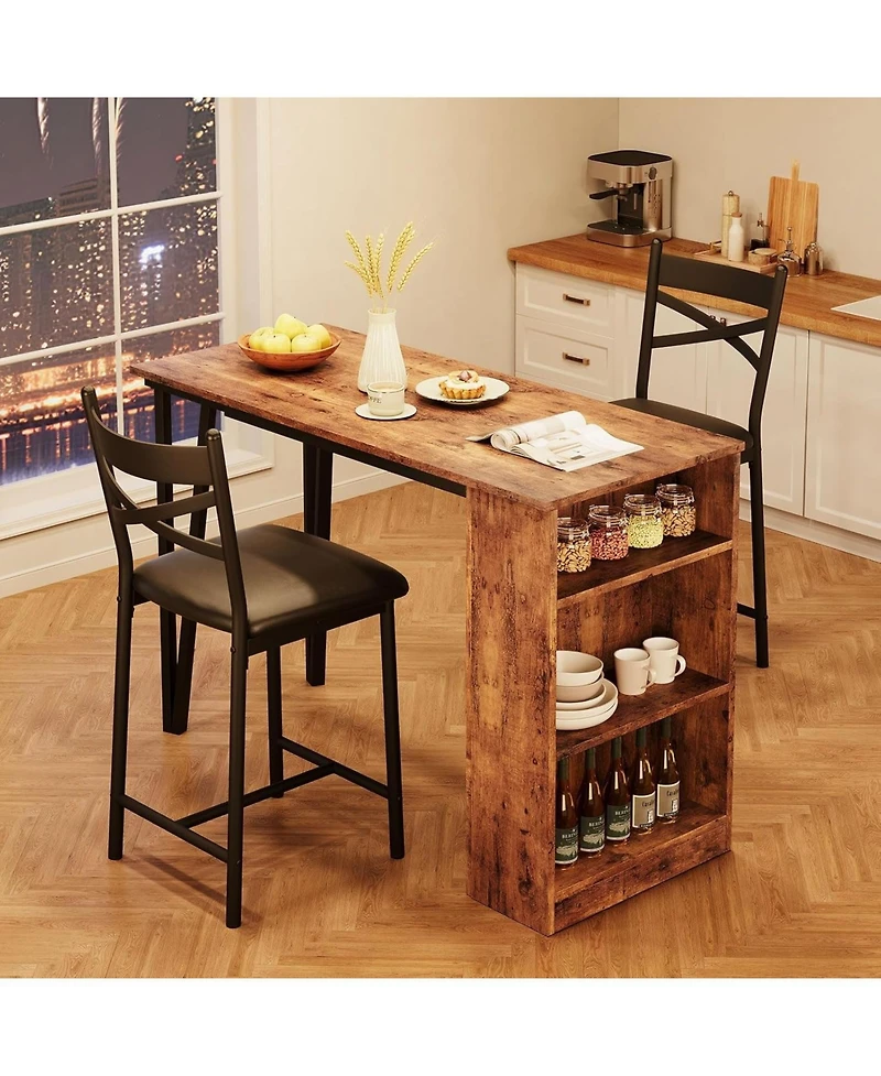 gaomon Bar Table Set of 2 with 3 Storage Shelves, Extendable Dining Table with 2 Cushioned Chairs