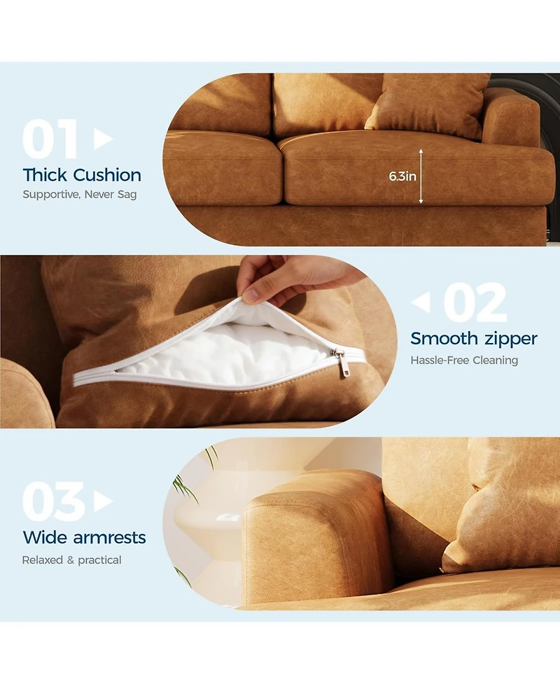 gaomon 86" Faux Leather Sofa, Modern Deep Seat Couch with Pillows and Removable Cover