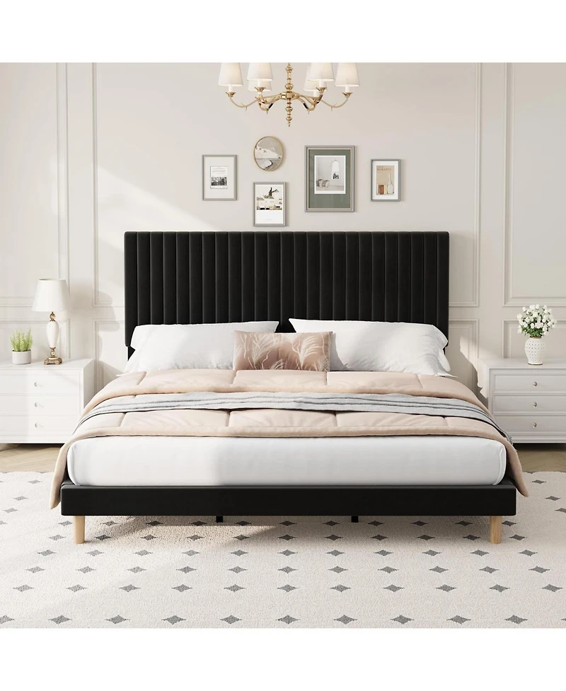 gaomon King Size Iron + Mdf Tall Vertical Stripe Bed Frame, Upholstered Bed with Modern Design, No Box Spring Needed, Sturdy Construction for Bedroom