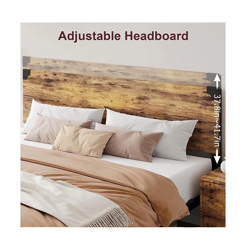 gaomon Platform Bed Frame with Wood Headboard, Rustic Metal, Noise Free, Underbed Storage, No Box Spring, Easy Assembly