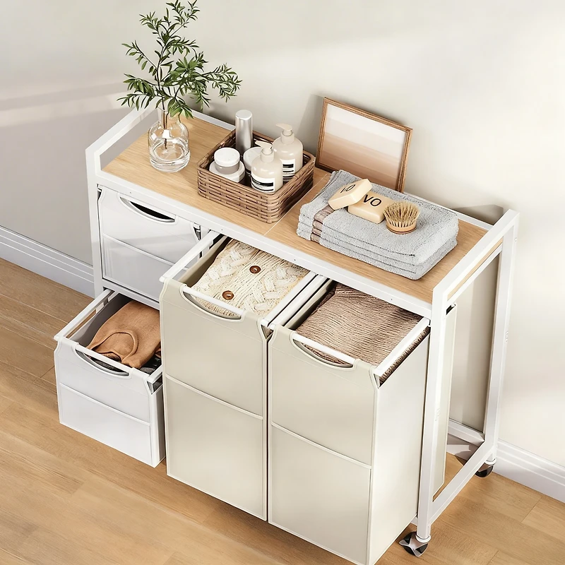 Yigii Laundry Sorter shelve with Hamper Wheels Rolling Basket Pull-out Detachable Bags