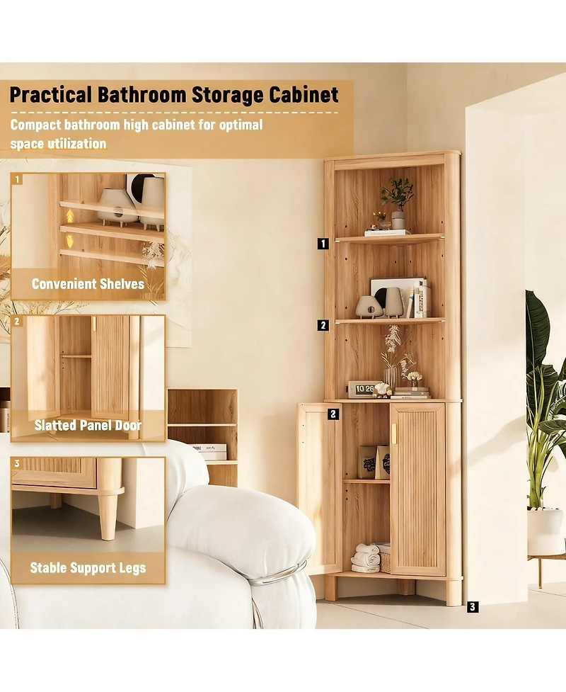 Yigii Tall Corner Cabinet shelf with Fluted Door