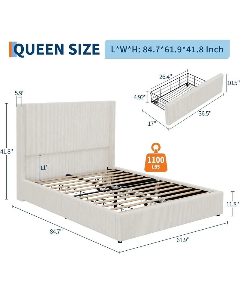 gaomon Upholstered Platform Bed Frame with Storage Drawers, Easy Assembly, Corduroy Wingback with Headboard and Footboard