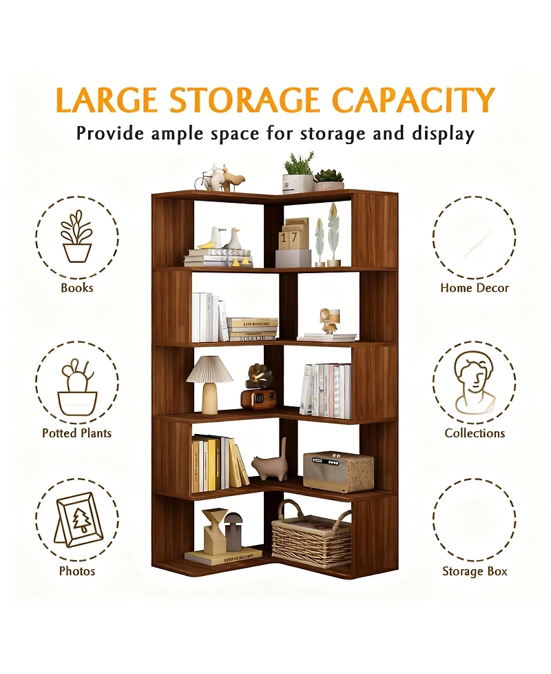 Yigii 6-Tier L-Shaped Corner Bookshelf 66" Tall Wooden Freestanding Open Shelf