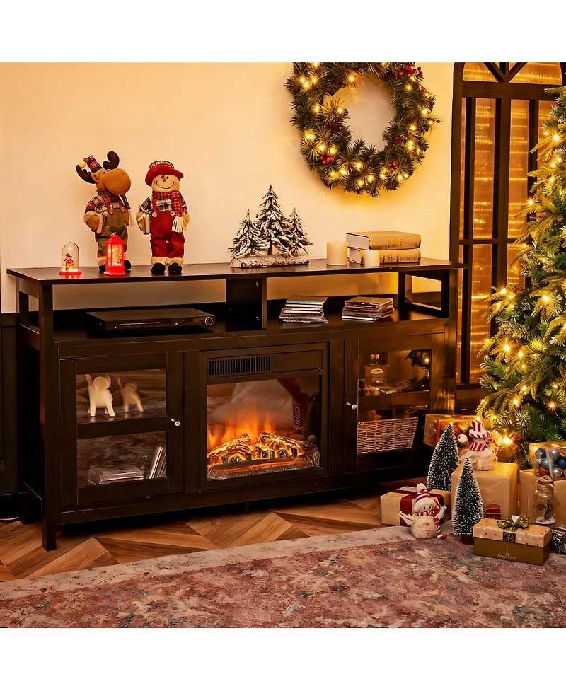 Yigii Farmhouse Table 2 Cabinets 4 Shelves Electric Fireplace Compatible