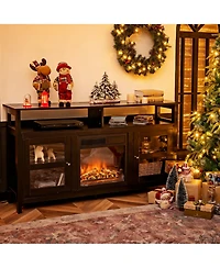 Yigii Farmhouse Table 2 Cabinets 4 Shelves Electric Fireplace Compatible