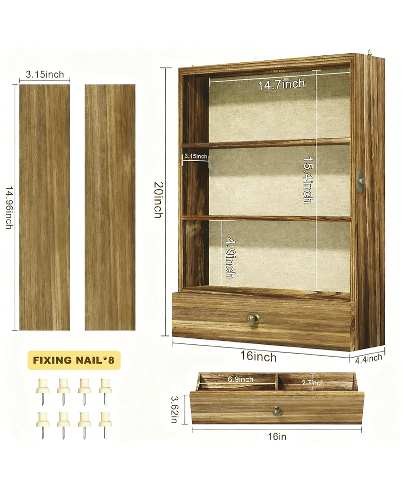 Yigii Wood Shadow Box with Shelves Drawer Display Case