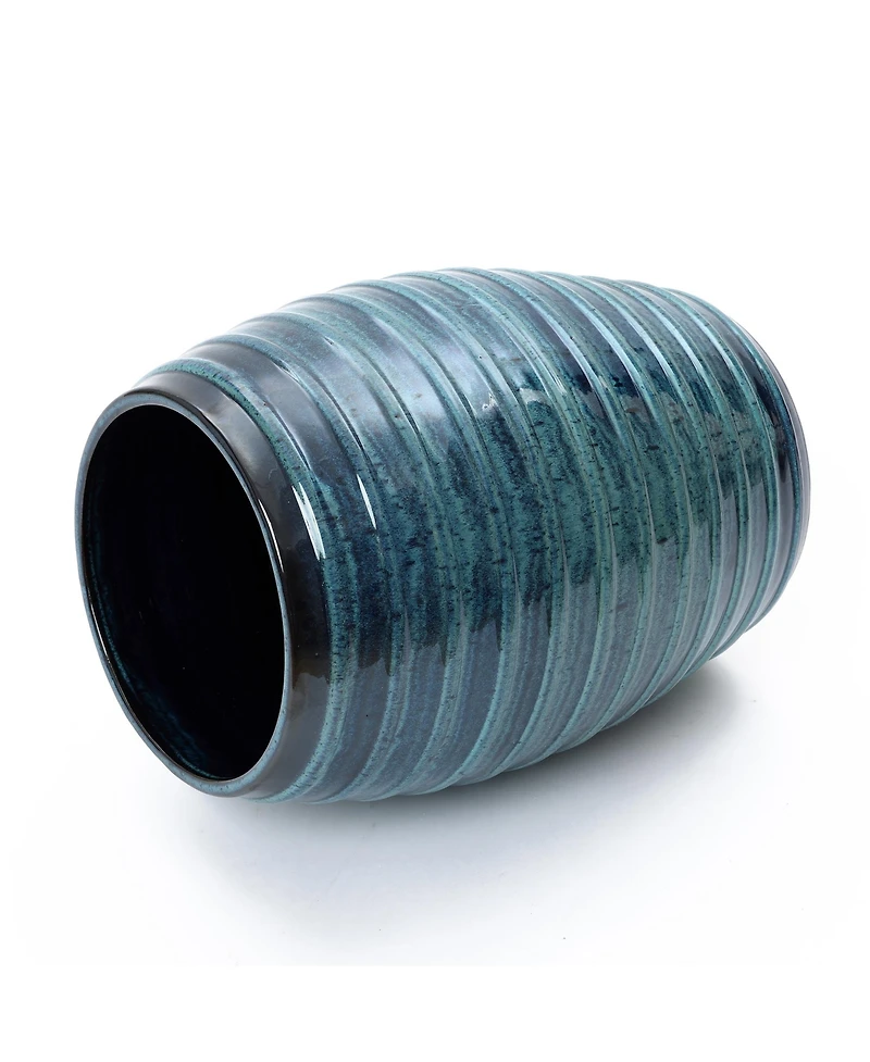 LuxenHome 17.7" Tall Ceramic Planter Pot for Indoor Outdoor Plants with Ribbed Texture, Large Garden Plant Pots with Drainage Hole, Blue