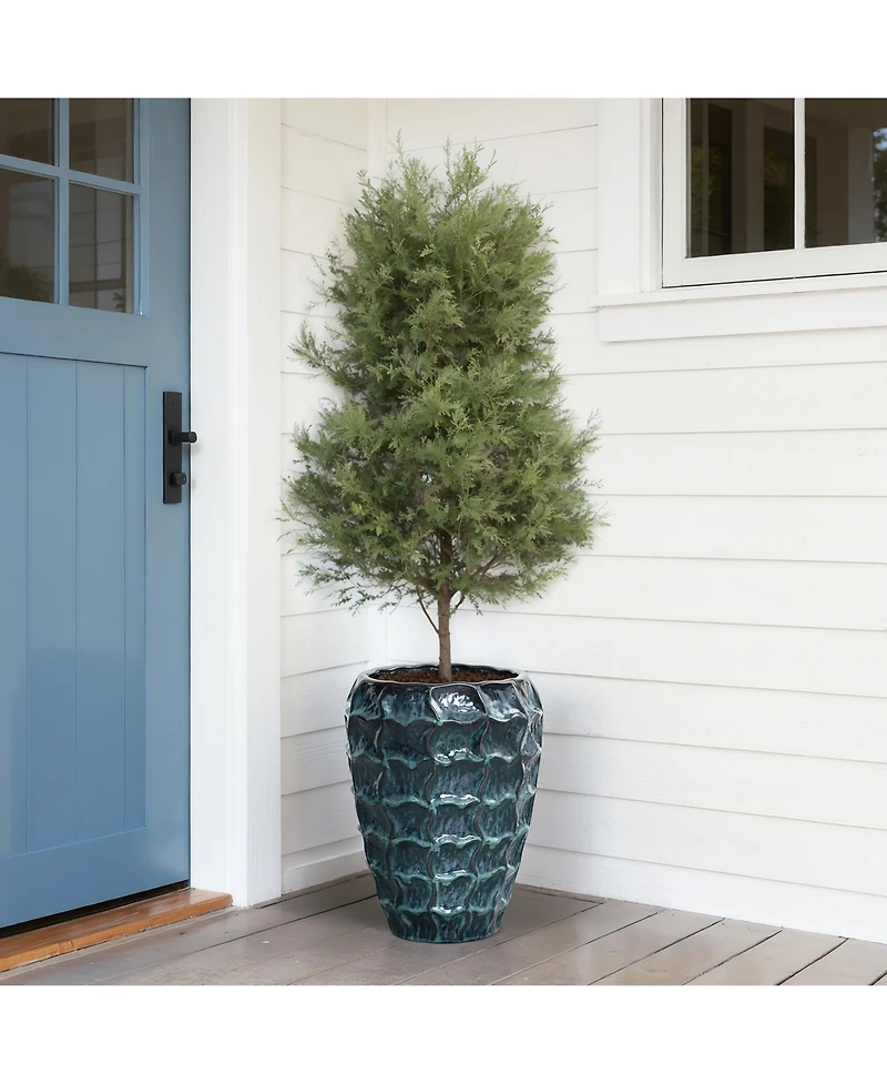 LuxenHome 14" Tall Ceramic Planter Pot for Indoor Outdoor Plants with Geometric Texture, Large Garden Plant Pots with Drainage Hole, Blue