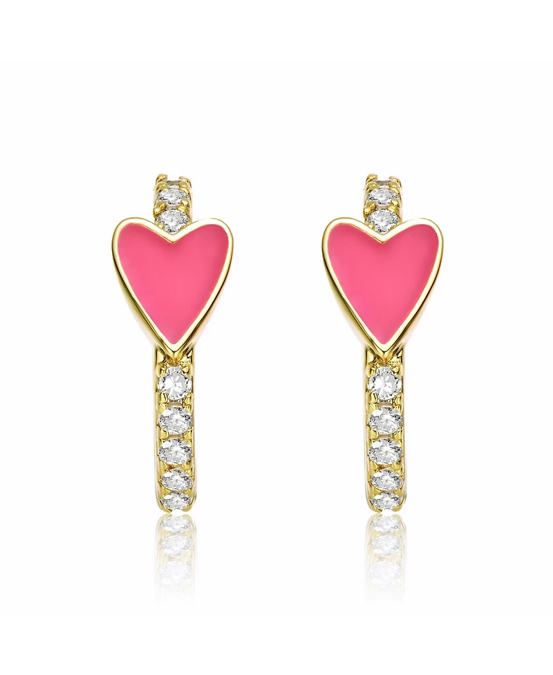GiGiGirl 14k Yellow Gold Plated with Cubic Zirconia Pink Enamel Slim Hoop Earrings for Kids