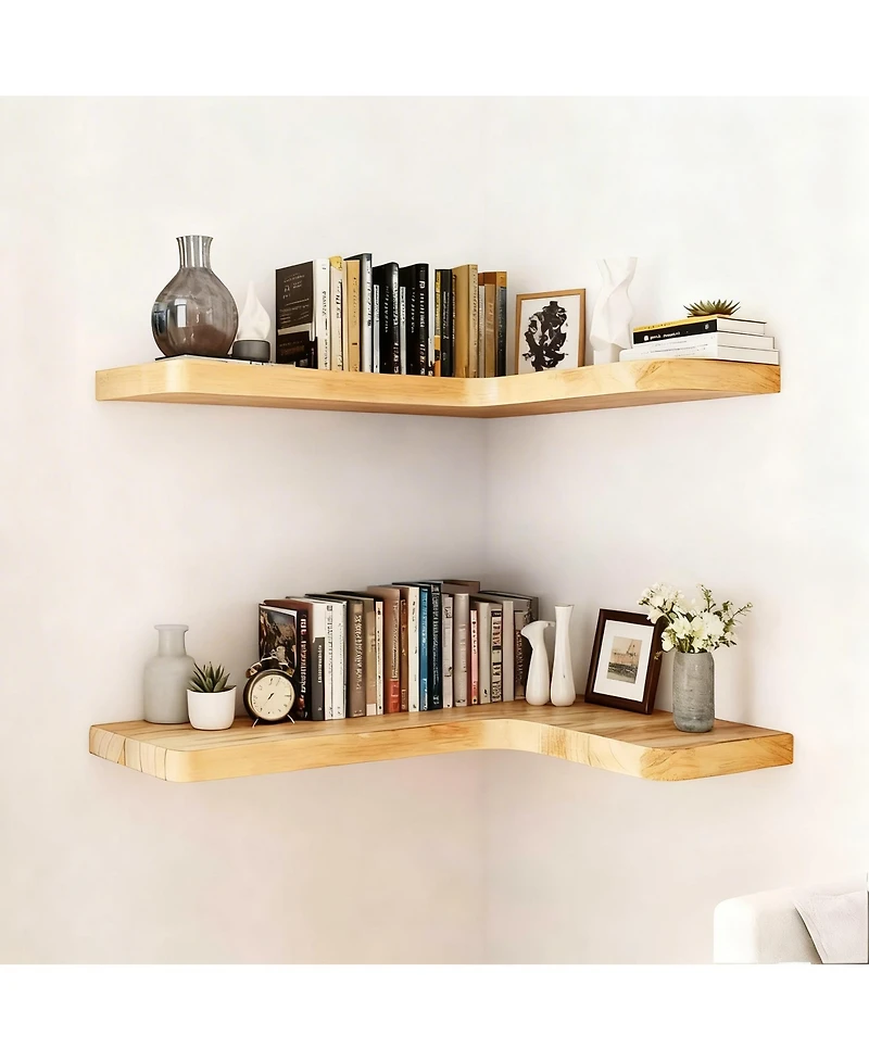 Yigii Floating Corner Shelves Wall Mounted Set of 2 Solid Wood Storage Display