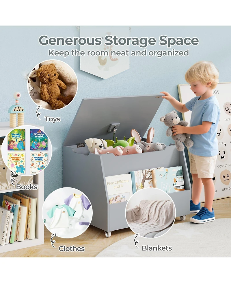 Slickblue Wooden Toy Organizer Cart with Bookshelf and Lockable Wheels