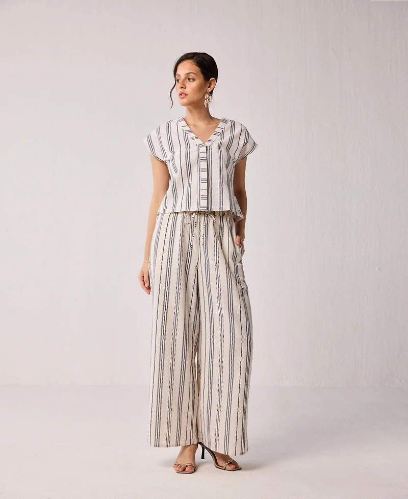 Reistor Women's Striped Matching Set with Wide-Leg Pants and V-neck Top