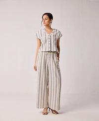 Reistor Women's Striped Matching Set with Wide-Leg Pants and V-neck Top