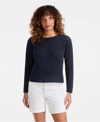 Lands' End Women's Cotton Viscose Mesh Jacquard Crew Neck Sweater