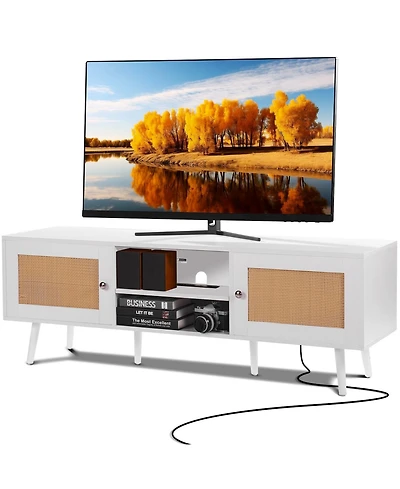Gouun Rattan Tv Stand for TVs with Power Outlets