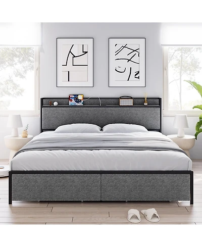 gaomon King Bed Frame with Storage Drawers & Charging Station, Upholstered Headboard, Noiseless, Sturdy, Easy Assembly
