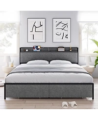 gaomon King Bed Frame with Storage Drawers & Charging Station, Upholstered Headboard, Noiseless, Sturdy, Easy Assembly
