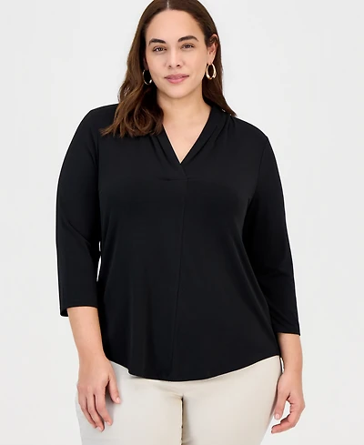 Jm Collection Plus Solid V-Neck 3/4-Sleeve Top, Exclusively at Macy's