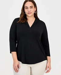 Jm Collection Plus Solid V-Neck 3/4-Sleeve Top, Exclusively at Macy's