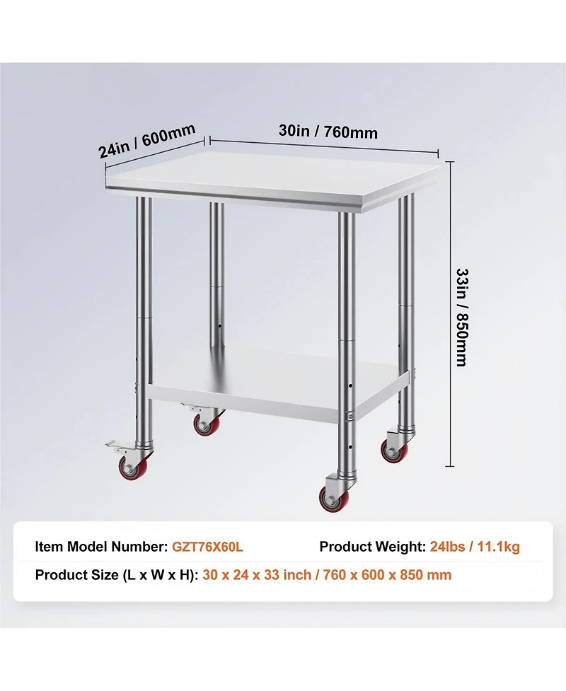 Gouun Stainless Steel Rolling Work Table with 4 Casters.