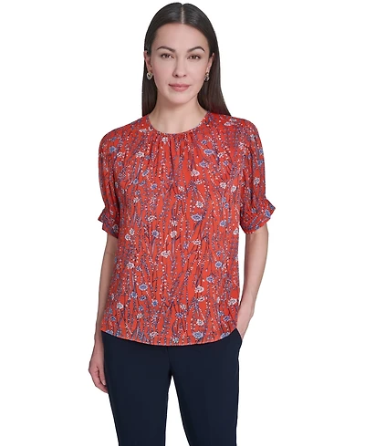 Tommy Hilfiger Women's Floral Crew Neck Puff-Sleeve Top